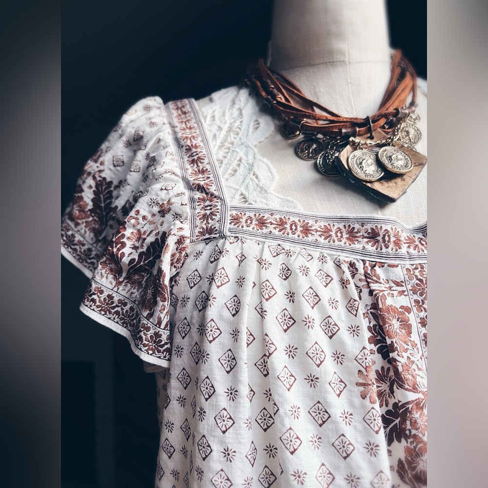 Max Studio Boho Peasant Blouse Floral Print Square Neck L NWT